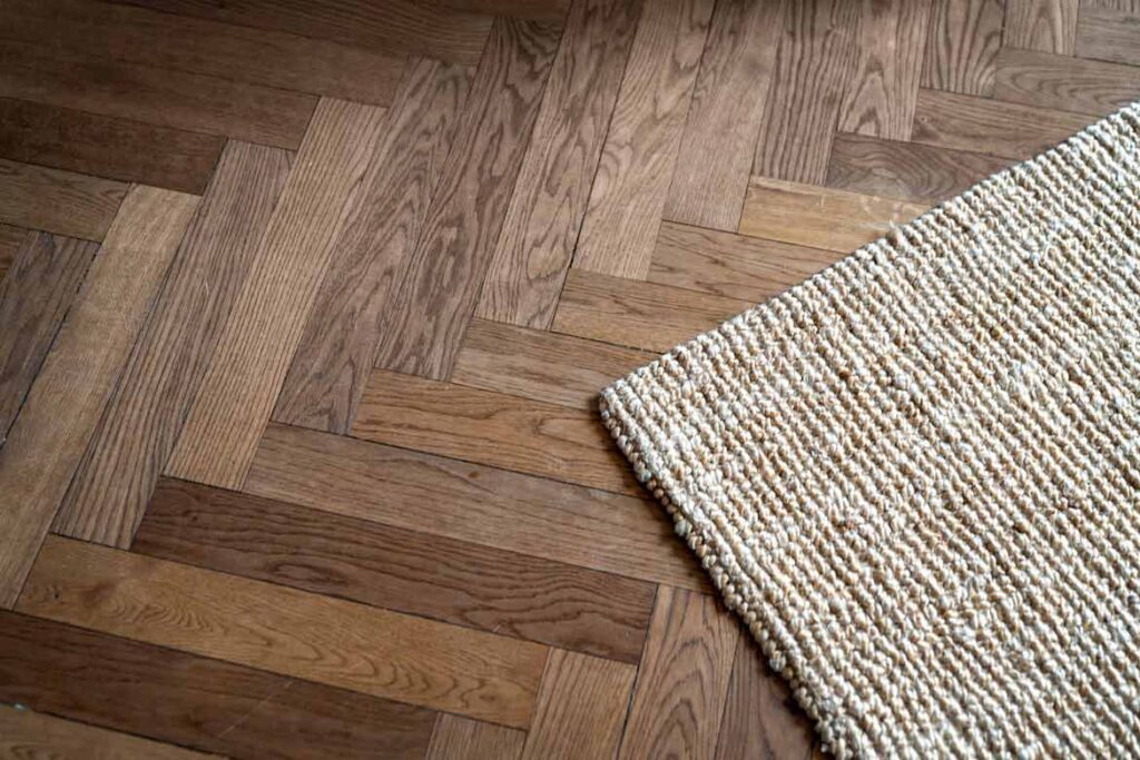 An upclose picture of wood flooring in a chevron pattern with a rug on it